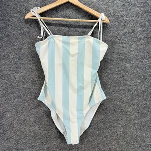 Vero Moda Swimsuit Women L Large Blue Striped Sleeveless Square Neck Swimwear